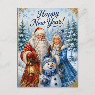 Postal Deseos de Año Nuevo ruso de Ded Moroz Snegurochka