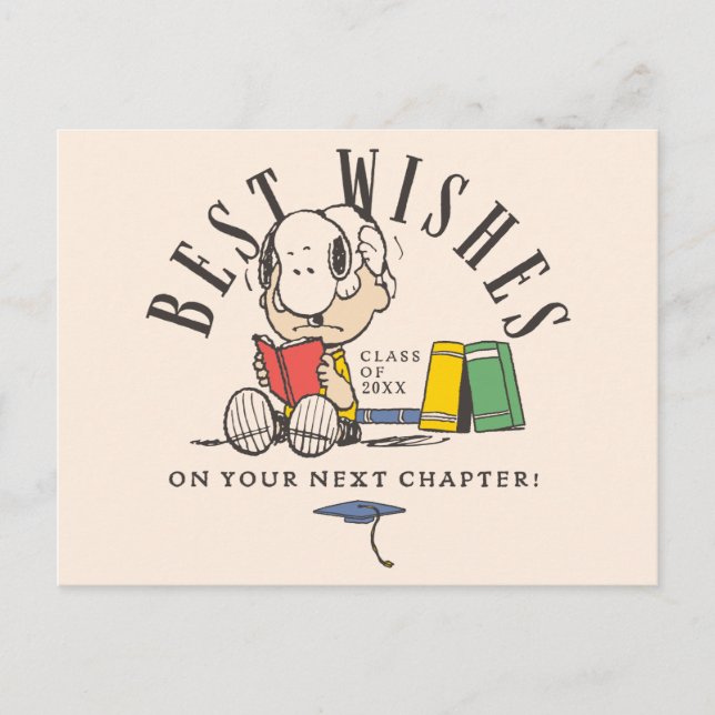 Postal Deseos de graduación de Peanuts Snoopy leyendo (Anverso)