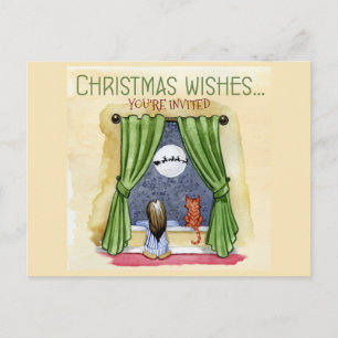 Postal Deseos de Navidad Niño y Gatito Fiesta de Navidad