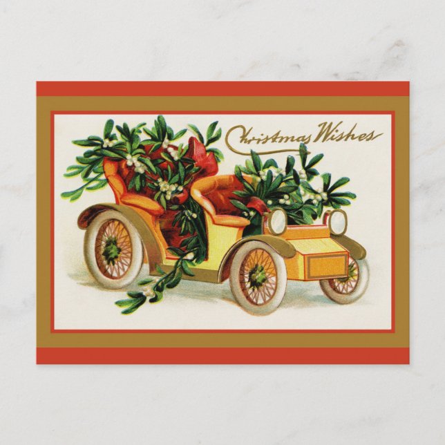 Postal Deseos de Navidad Viejos Saludos Coche Antiguo (Anverso)