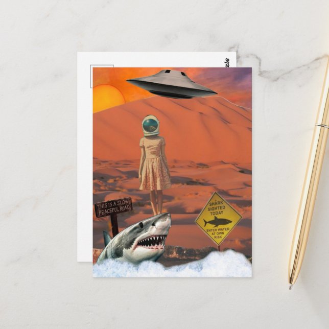 Postal Desert Shark Astronaut UFO Surreal Collage (Anverso/Reverso In Situ)