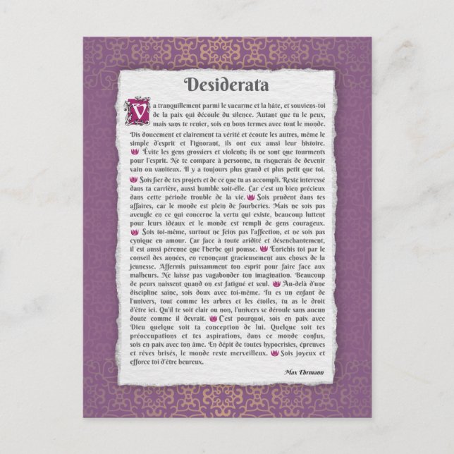 Postal Desiderata - Choses désirées - poème (Anverso)