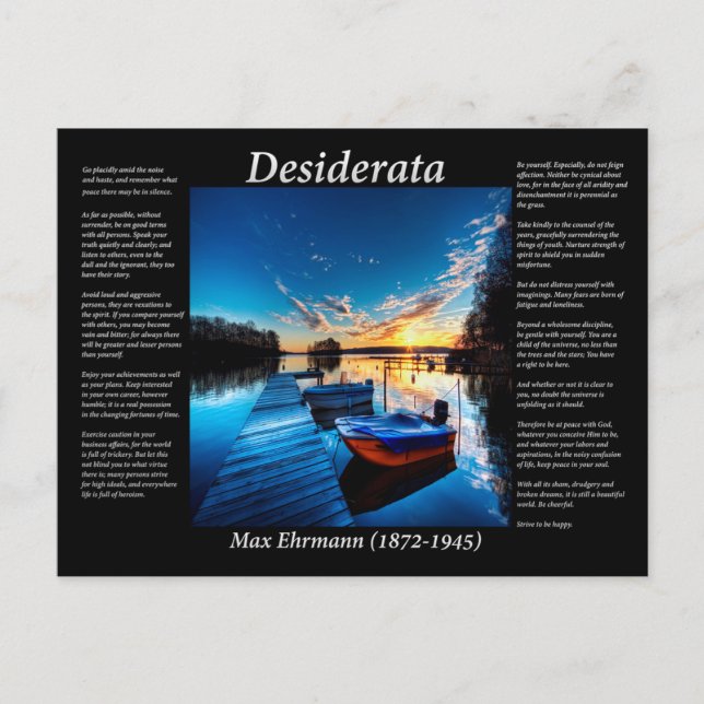 Postal Desiderata pequeñas embarcaciones atadas a un muel (Anverso)