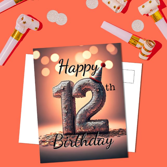 Postal Deslumbrante Cumpleaños número 12 con Gorro de Fie (Subido por el creador)