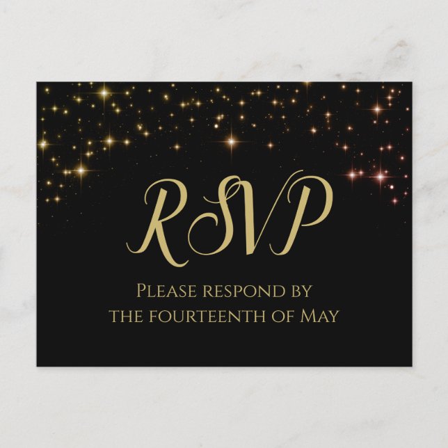 Postal Deslumbrante Esparkles Oro y Boda Negra RSVP (Anverso)