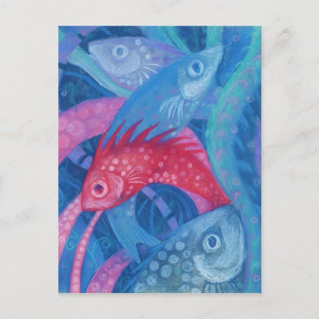 Postal desove, pescado, rosa y azul, pintura submarina (Anverso)