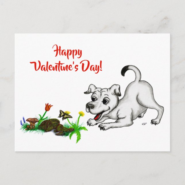 Postal Despertar de primavera, cachorro con flores y mari (Anverso)