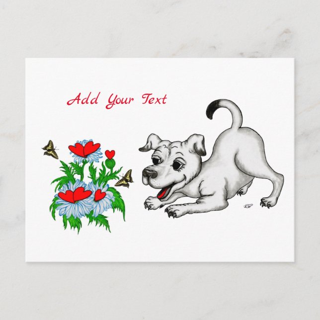 Postal Despertar de primavera, cachorro con flores y mari (Anverso)