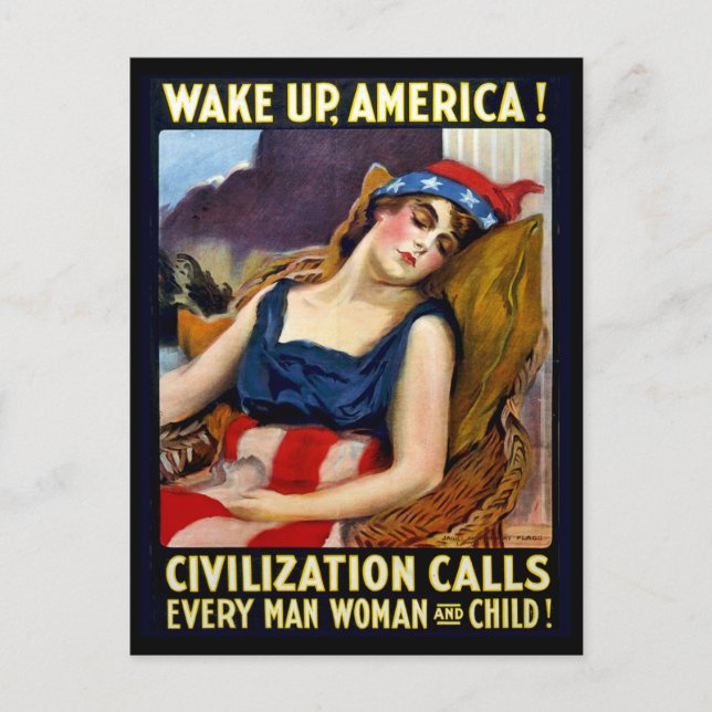 Postal Despierta América, mujer patriota duerme, guerra v (Anverso)