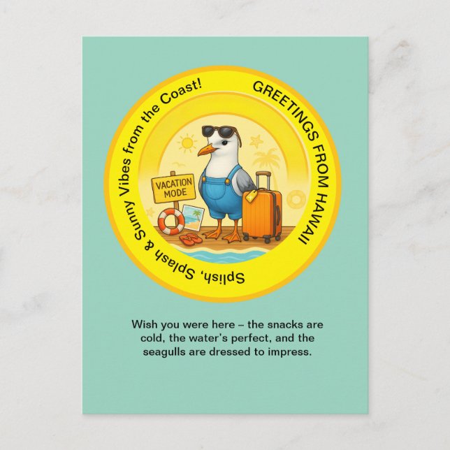 Postal destino soleado divertido saludo de playa con gavi (Anverso)