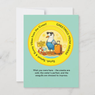 Postal destino soleado divertido saludo de playa gaviota 