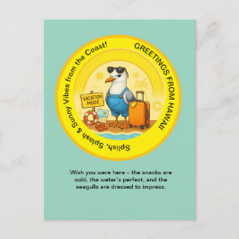 Postal destino soleado divertido saludo de playa gaviota