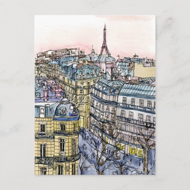 Postal Destinos | acuarela Torre Eiffel y París (Anverso)