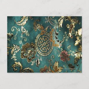 Postal Detalle de tela de seda china verde jade