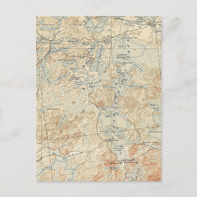 Postal Detalle del lago de Saranac superior del mapa topo (Anverso)