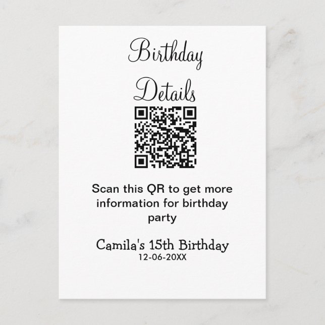 Postal detalles de fiesta de cumpleaños 15 escaneo QR mod (Anverso)