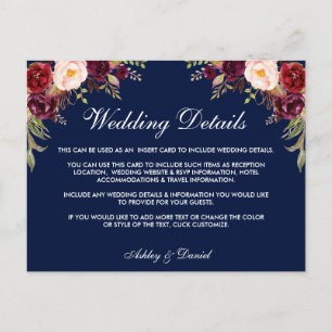 Postal Detalles del Boda Azul Floral de Borgoña Insertar