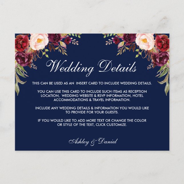 Postal Detalles del Boda Azul Floral de Borgoña Insertar  (Anverso)