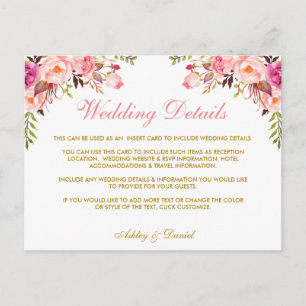 Postal Detalles del Boda de oro floral rosa Insertar tarj