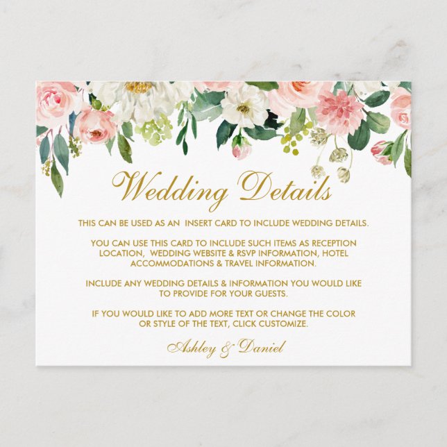 Postal Detalles del Boda de oro floral rosado de Rubor (Anverso)