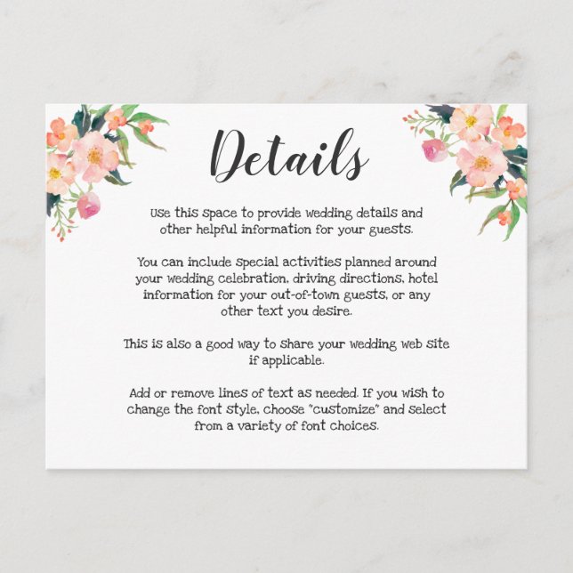 Postal Detalles del Boda floral acuático moderno (Anverso)