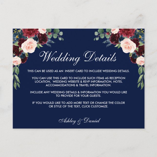 Postal Detalles del Boda Floral Azul Borgoña Insertar Tar (Anverso)
