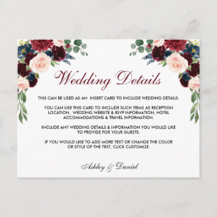 Postal Detalles del Boda Floral Azul Borgoña Insertar tar
