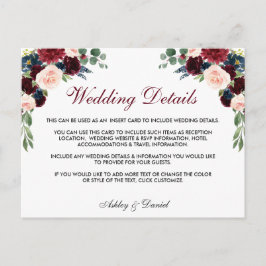 Postal Detalles del Boda Floral Azul Borgoña Insertar tar