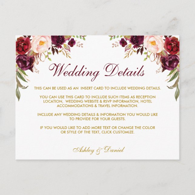 Postal Detalles del Boda floral de Borgoña Insertar tarje (Anverso)