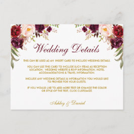 Postal Detalles del Boda floral de Borgoña Insertar tarje
