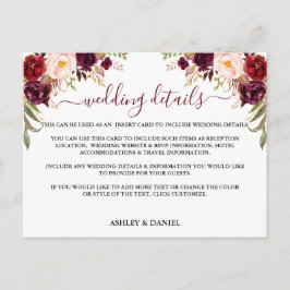 Postal Detalles del Boda floral de Borgoña Insertar tarje