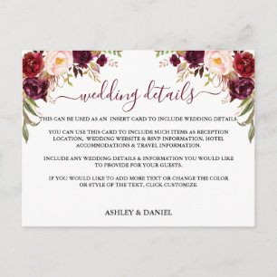 Postal Detalles del Boda floral de Borgoña Insertar tarje