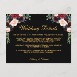 Postal Detalles del Boda floral de Borgoña Insertar tarje