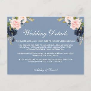 Postal Detalles del Boda floral rosa azul turbio Insertar