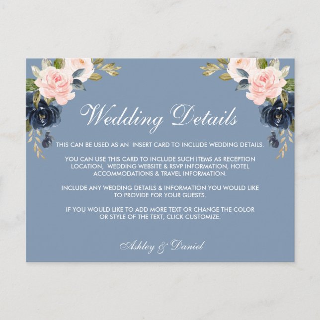 Postal Detalles del Boda floral rosa azul turbio Insertar (Anverso)