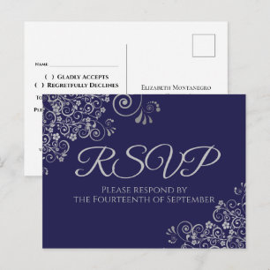 Postal Detalles Elegantes de Boda Azul Marino RSVP