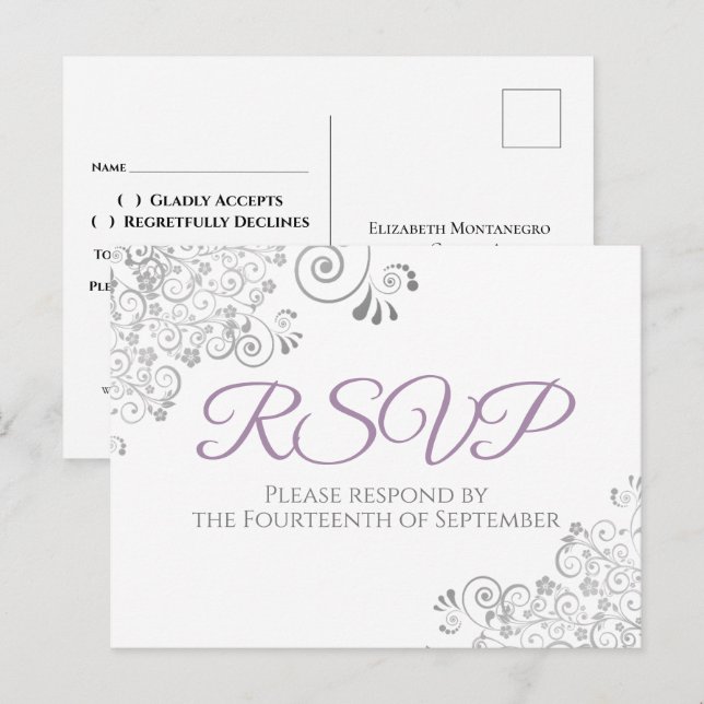 Postal Detalles plateados Simple elegante RSVP de boda pú (Anverso / Reverso)