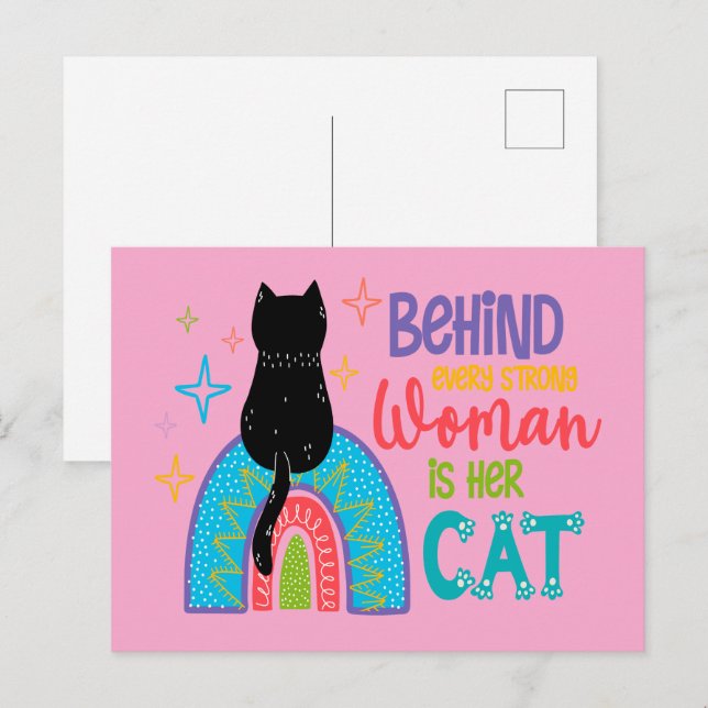 Postal Detrás de cada mujer fuerte está su gato (Anverso / Reverso)