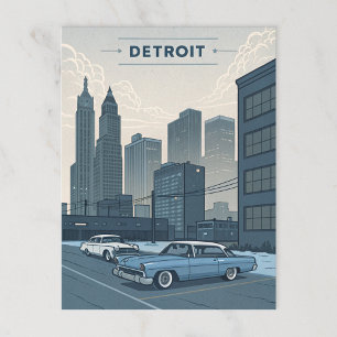 Postal Detroit: Ilustración de coches clásicos y horizont