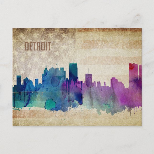 Postal Detroit, MI | Esquina de la ciudad de acuarela (Anverso)