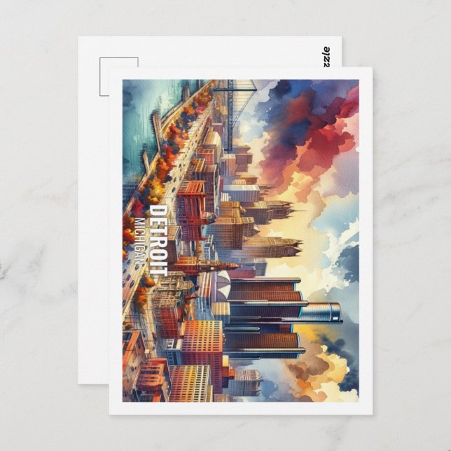 Postal Detroit Michigan US Famous Place acuarela (Anverso / Reverso)