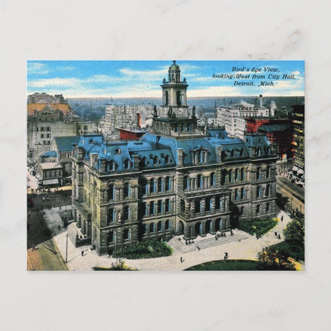 Postal Detroit, Michigan, vista de ojos de pájaro, cosech (Anverso)