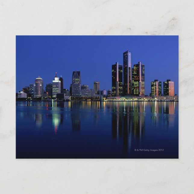 Postal Detroit Skyline de noche (Anverso)