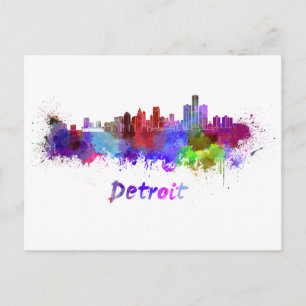 Postal Detroit skyline in watercolor