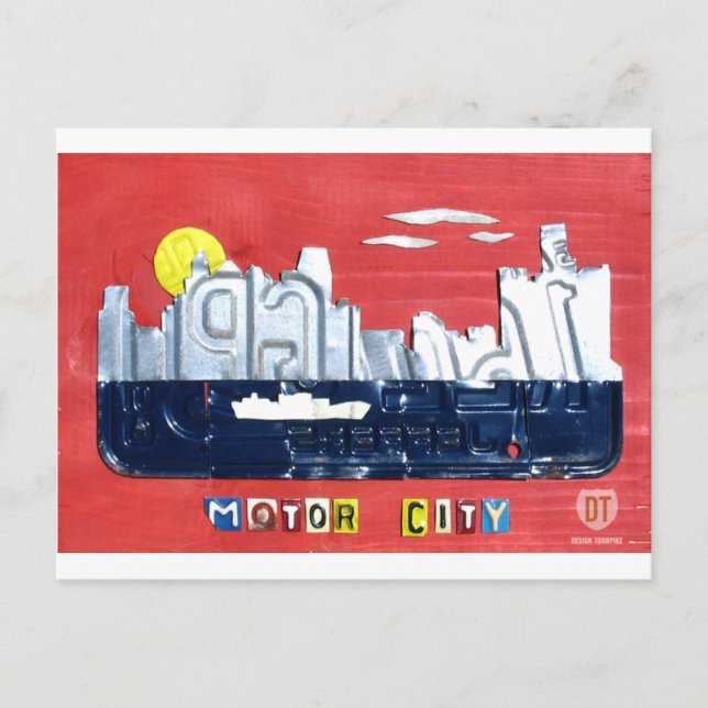 Postal Detroit The Motor City Skyline License Plage Art (Anverso)