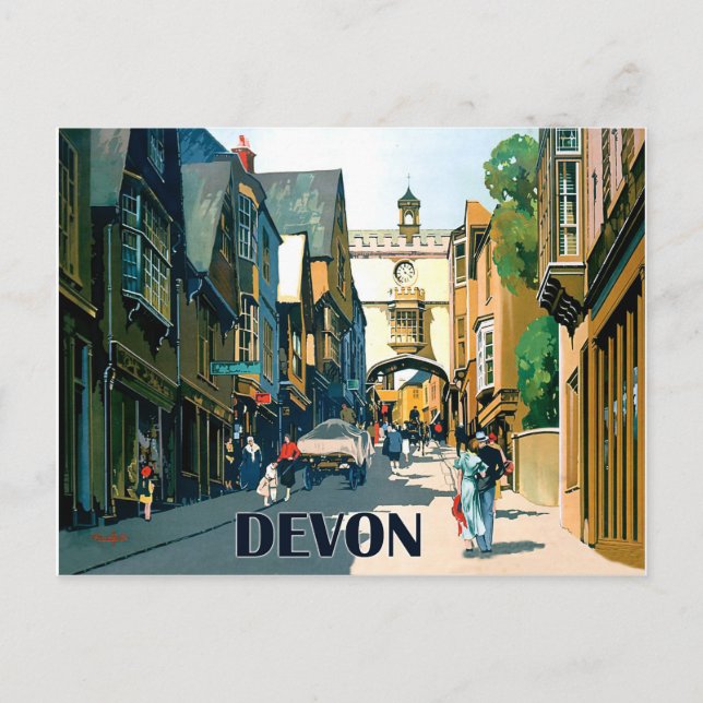 Postal Devon, casas en el centro de la ciudad, viaje vint (Anverso)