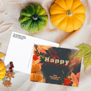 Postal Día de Acción de Gracias familiar con calabaza de