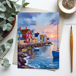 Postal Día de Barco   Bahía Costera Océano Pintura Acuare