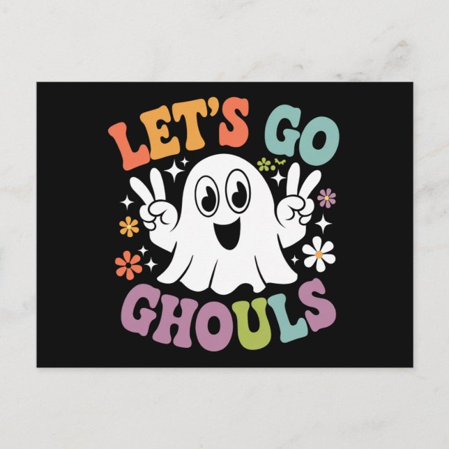 Postal Día de Brujas Vamos Ghouls Fantasma Disfraz Retro (Anverso)