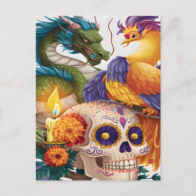 Postal Día De Dragón, Fénix Y Calavera De Los Muertos (Anverso)